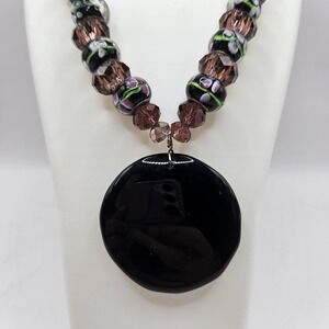 Handmade Lampwork Beaded Necklace Black Glass Pendant Floral Accents Silver Core
